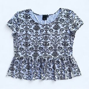 ASOS Curve Damask Print Short Sleeve Peplum Top in Black/White Size 20